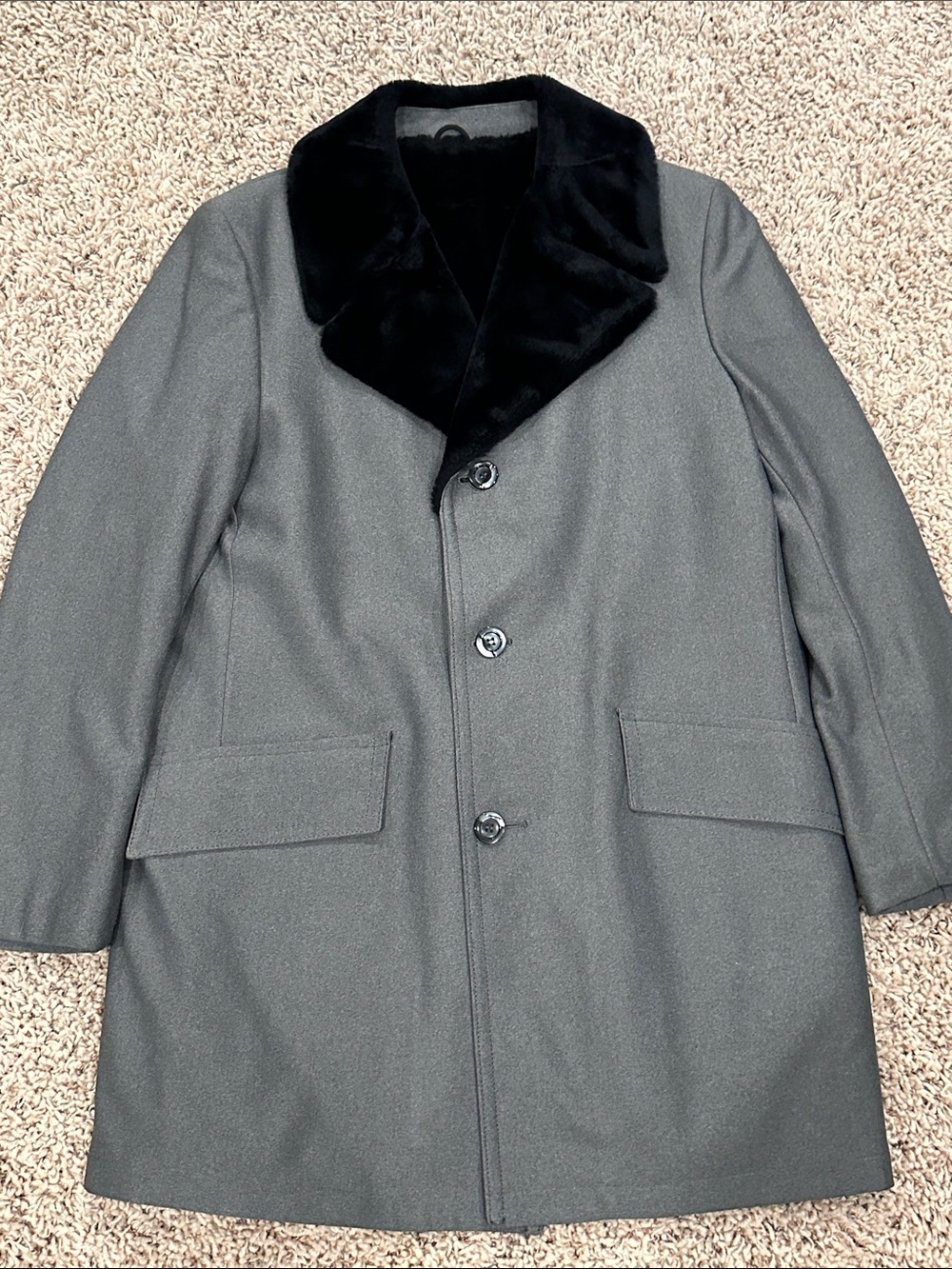 Vintage 70s Sears Travelknit Faux Fur Collar Overcoat - Gray - Sz 40R Pristine